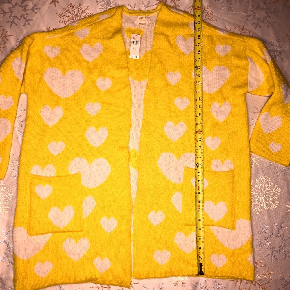 Anthropologie Maeve Oversized Open-Front Yellow Cardigan with White Hearts - Picture 3 of 4